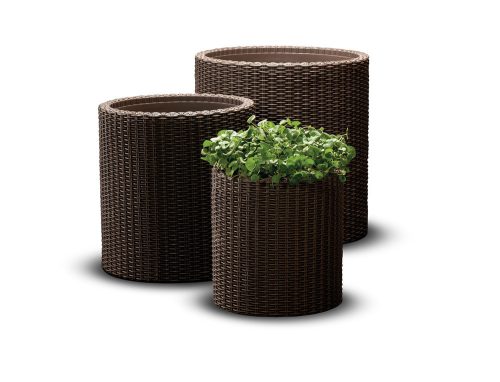 KETER S+M+L CYLINDER PLANTERS MŰRATTAN VIRÁGCSERÉP SZETT - BARNA