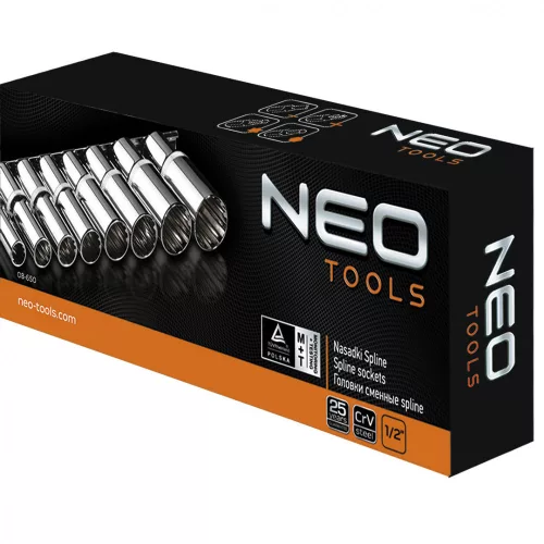 Neo dugókulcskészlet 8 részes 1/2" hosszú spline, 10-24 mm