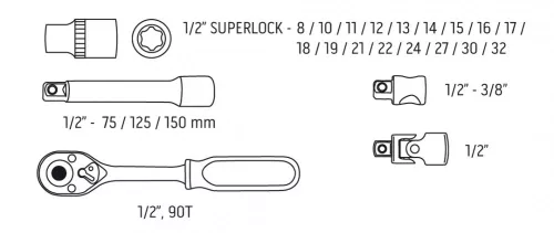 Neo dugókulcskészlet 23 részes, 1/2", 90 fogas racsni