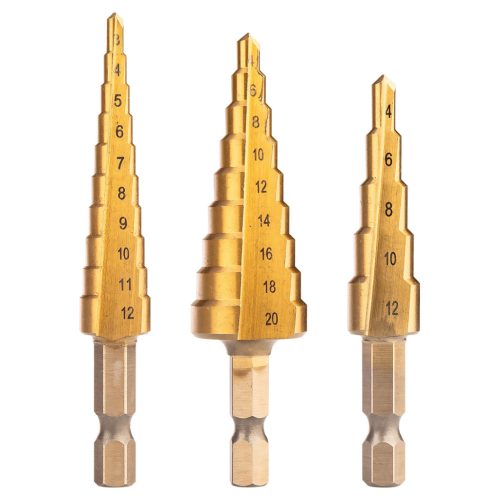Neo lépcsős fúrószár készlet, 3-20 mm, Hex, 3 db HSS TiN