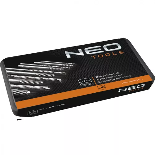 Neo törtcsavar-kihajtó készlet, négyszög vég, vezetőfúrókkal, 10 részes, 2-14 mm M3-M18