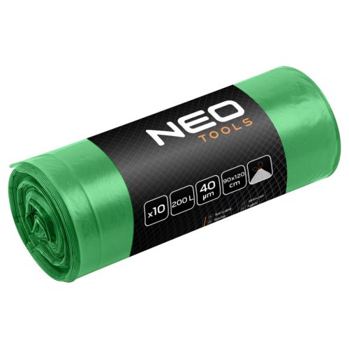 Neo hulladékgyűjtő zsák 200 L, zöld, szalaggal, 40 μm, 10 db