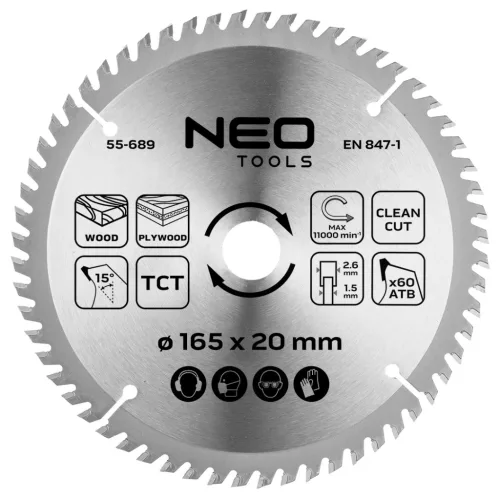 Neo merülőfűrészlap 165x2,6x20 mm 60 fog, keményfém