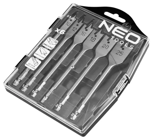 Neo lapos fafúró készlet, 6 részes, 10-25 mm bit befogás
