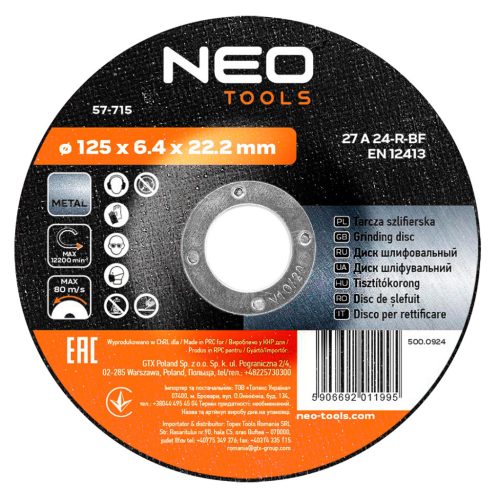 Neo csiszolókorong 125x6,4x22,2 mm, fémhez