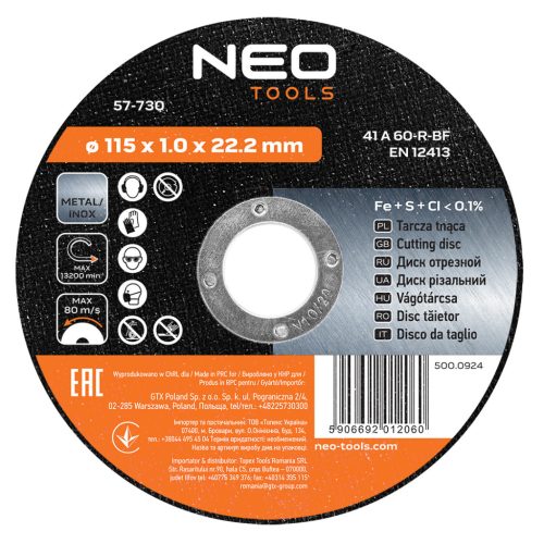 Neo vágókorong 115x1x22,2 mm, inox