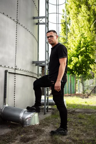 Neo munkapóló, galléros, fekete, M