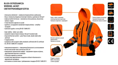 Neo jól láthatósági munkakabát, narancssárga, kapucnival, XL