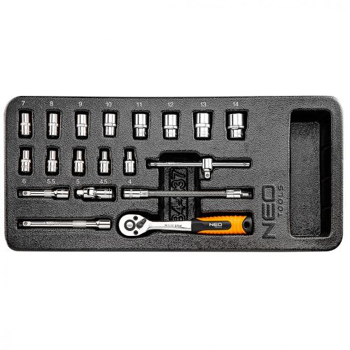 Neo dugókulcskészlet 1/4", 19 részes, 4-14 mm, műhelykocsitálcával