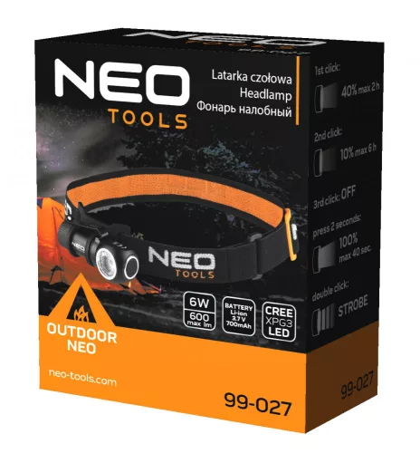 Neo fejlámpa, zseblámpa 600lm, 6W