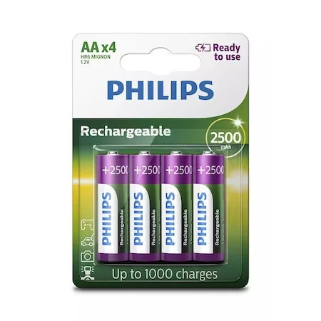 Philips újratölthető Ni-Mh ceruza akku AA 2500 mAh (R6B4RTU25/10) (1,2V) B4, 4 db