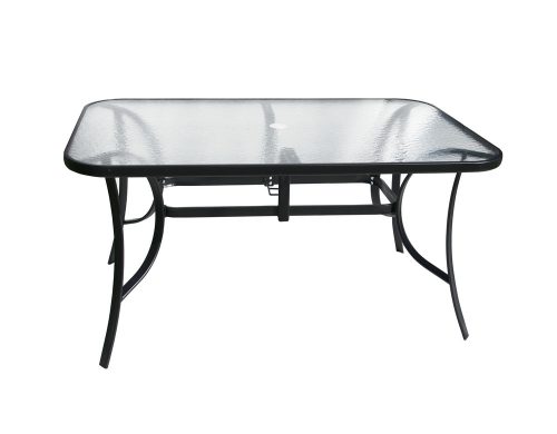 XT1012T fém kerti üvegasztal napernyőlyukkal, 150x90x72cm - átlátszó