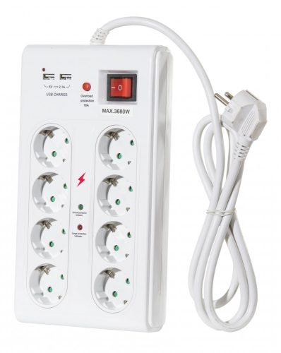 8-as földelt + 2 USB port elosztó főkapcsolóval, túlfeszültség- és túlterhelés elleni védelemmel