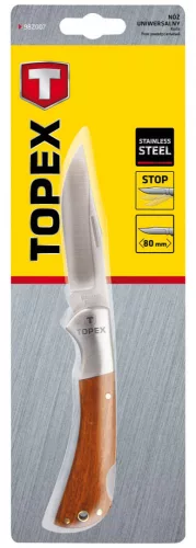 Topex összecsukható kés retesszel, 8cm, fa markolat