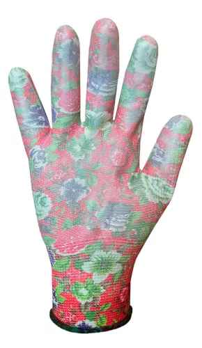 Verto kertész kesztyű, PU bevonat, rózsamintás, 7"