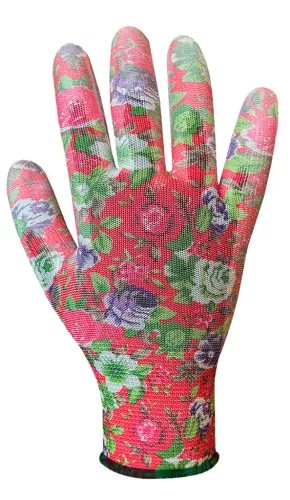 Verto kertész kesztyű, PU bevonat, rózsamintás, 7"