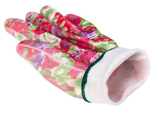 Verto kertész kesztyű, PU bevonat, rózsamintás, 7"