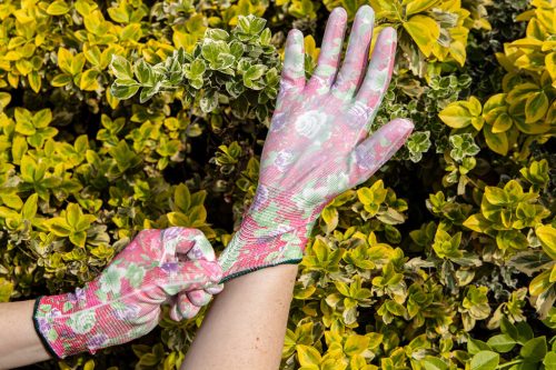 Verto kertész kesztyű, PU bevonat, rózsamintás, 9"