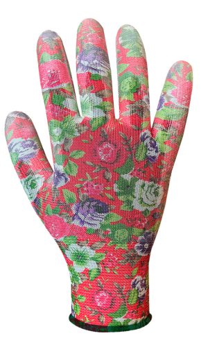 Verto kertész kesztyű, PU bevonat, rózsamintás, 9"