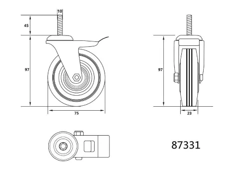 Vorel ipari kerék forgó, fékkel, menetes csapszeggel 75 mm 40 kg fekete