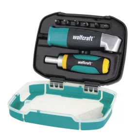 Wolfcraft fiókcsavarozó készlet dobozban (derékszögű csavarbehajtó, mini racsnis csavarozó, 6 csavarbit)