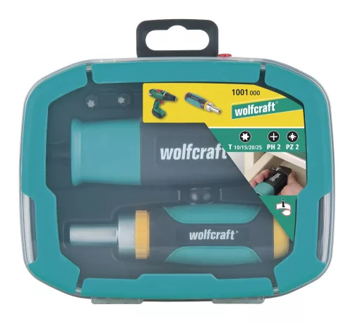 Wolfcraft fiókcsavarozó készlet dobozban (derékszögű csavarbehajtó, mini racsnis csavarozó, 6 csavarbit)