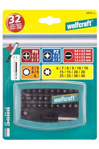 Wolfcraft bit-Box csavarozó bit készlet Solid, 32 részes: mágneses bittartó, SL/PH/PZ/Hex/T