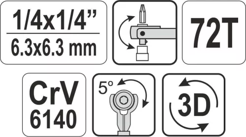 Yato racsnis forgó fejes hajtószár 1/4" 72T 115 mm