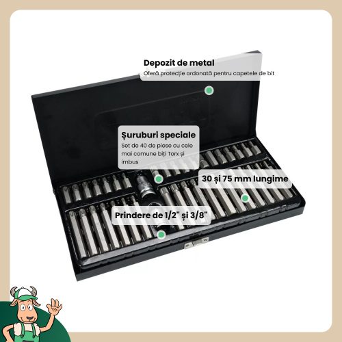 Yato torx és imbusz bit készlet 40 részes (1/2"-3/8" H4-H12, M5-M12, T20-T55)