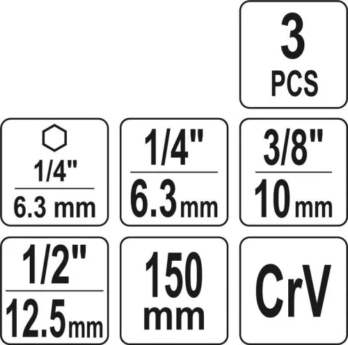 Yato dugókulcs adapter készlet 3 részes 1/4" Hex 1/4", 3/8", 1/2" négyszög CrV