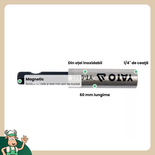 Yato inox mágneses bithegy-tartó, 60 mm - 1/4 col