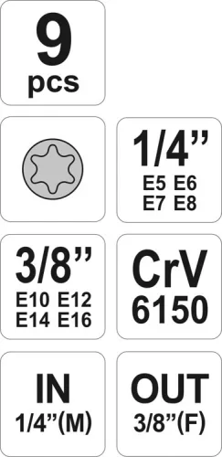 Yato dugókulcs készlet 9 részes külső Torx 1/4", 3/8" CrV