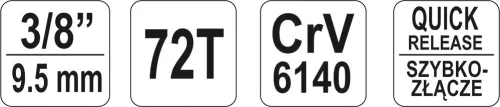 Yato racsnis hajtószár 3/8" 200 mm 72T hajlított szár, lágy fogantyús CrV