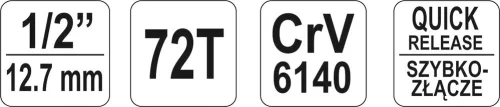 Yato racsnis hajtószár 1/2" 255 mm 72T hajlított szár, lágy fogantyús CrV