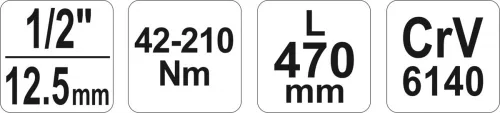 Yato nyomatékkulcs 1/2" 42-210 Nm / 445-465 mm CrV