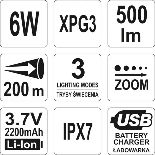 Yato akkus LED zseblámpa 500 lumen CREE LED 6 W (akku + töltő)