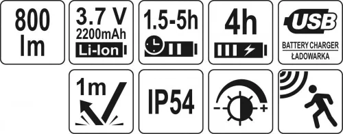 Yato akkus LED fejlámpa 800 lumen mozgásérzékelős (akku + töltő)