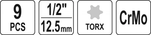 Yato gépi torx hosszú bit dugókulcs készlet 9 részes 1/2" T20-T70 CrMo