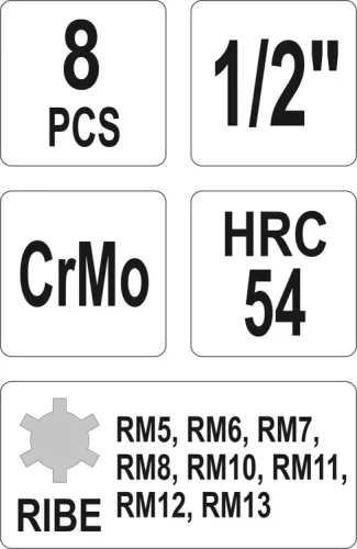 Yato gépi hosszú bit dugókulcs készlet 8 részes Ribe 1/2" RM5-RM13 CrMo