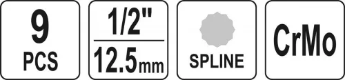 Yato gépi hosszú bit dugókulcs készlet 9 részes Spline 1/2" M4-M16 CrMo