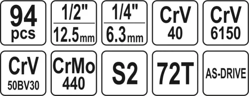 Yato dugókulcs készlet 94 részes 1/4", 1/2" CrV
