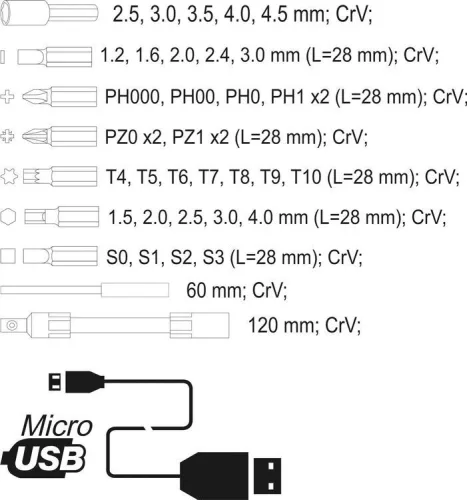 Yato akkus precíziós csavarozó és bithegy készlet 39 részes 3,6 V Li-Ion (0,45 Ah + töltőkábel).