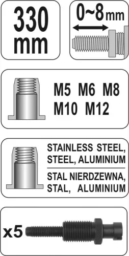 Yato szegecsanyahúzó fogó készlet karos 330 mm (M5-M6-M8-M10-M12)
