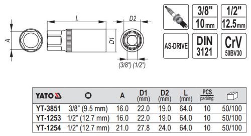 Yato gyertyakulcs 3/8" 16 mm / 64 mm CrV