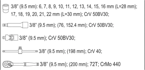 Yato dugókulcs készlet 22 részes 3/8" 6-22 mm CrV