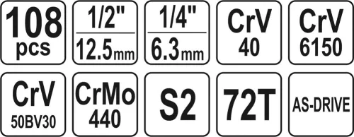 Yato dugókulcs készlet 108 részes 1/4", 1/2" CrV