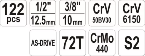 Yato szerszámkészlet 122 részes 1/4", 1/2" CrV CrMo