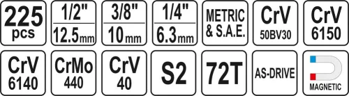 Yato szerszámkészlet 225 részes 1/4", 3/8", 1/2" CrV CrMo