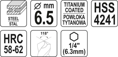 Yato fém marófúró 6,5 x 89 mm bit befogású HSS-TiN