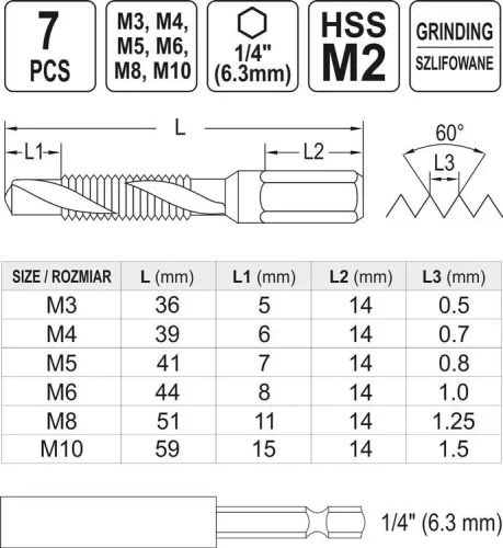 Yato kombinált gépi fúró-menetfúró készlet 7 részes bit befogású (M3-M4-M5-M6-M8-M10)
